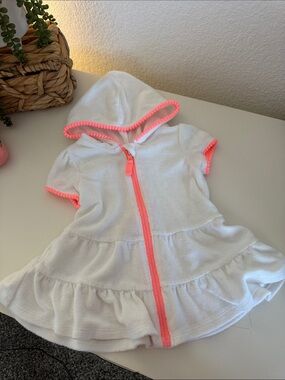 White Hooded Terry Dress with Neon Pink Trim- Swim Coverup